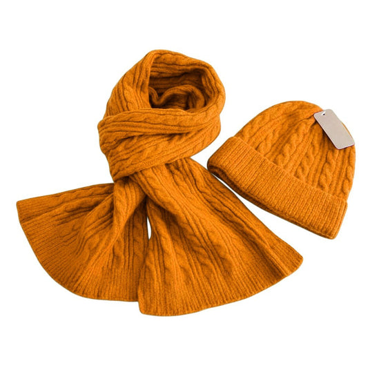 Cozy Cable Knit Scarf Beanie Set Winter Hat Warm Acrylic Polyester Orange