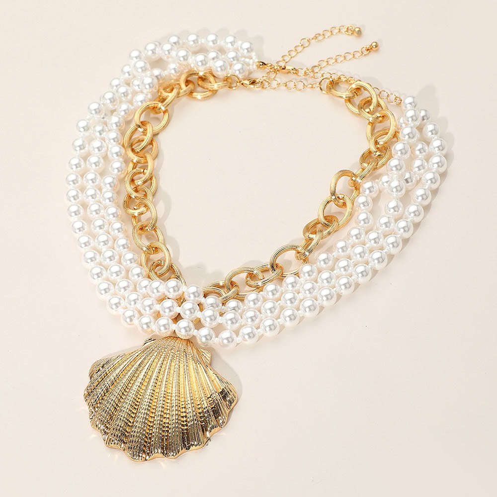 Textured Gold Shell Pendant Layered Pearl and Chain Statement Necklace