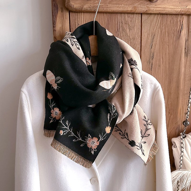 Statement Shawl Bee and Floral Embroidery Lightweight Soft Polyester Wrap