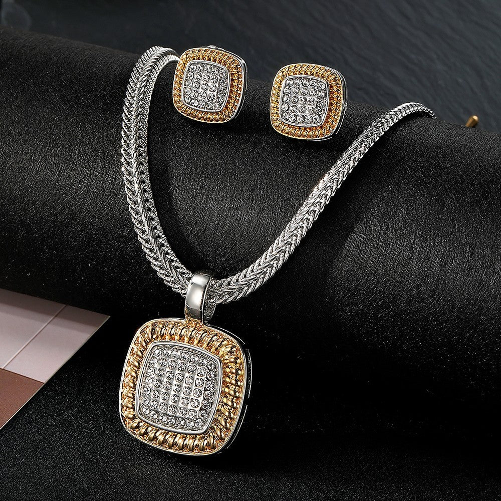 Two Tone Crystal Cushion Pendant Necklace with Braided Chain Earrings Set