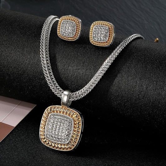 Two Tone Crystal Cushion Pendant Necklace with Braided Chain Earrings Set