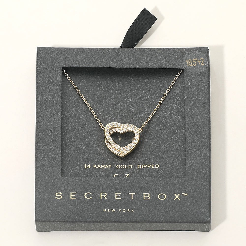 SECRET BOX 14K Gold Dipped CZ Stone Paved Twin Heart Pendant Necklace Adjustable