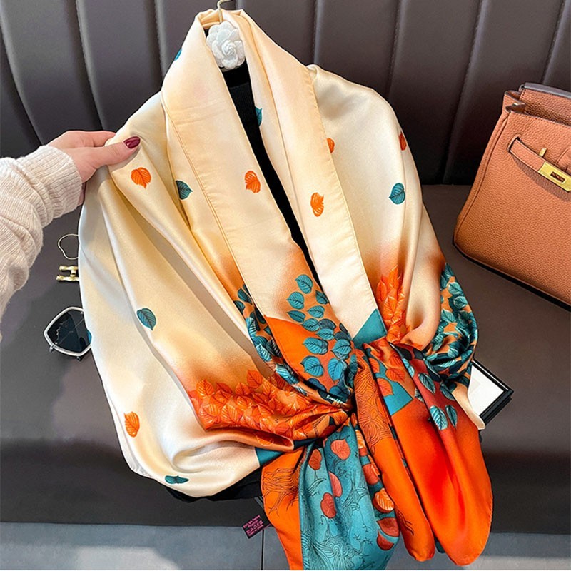 Luxury Fall Foliage Scarf Orange Silk Feel Shawl Wrap for Women Colorful Scarves