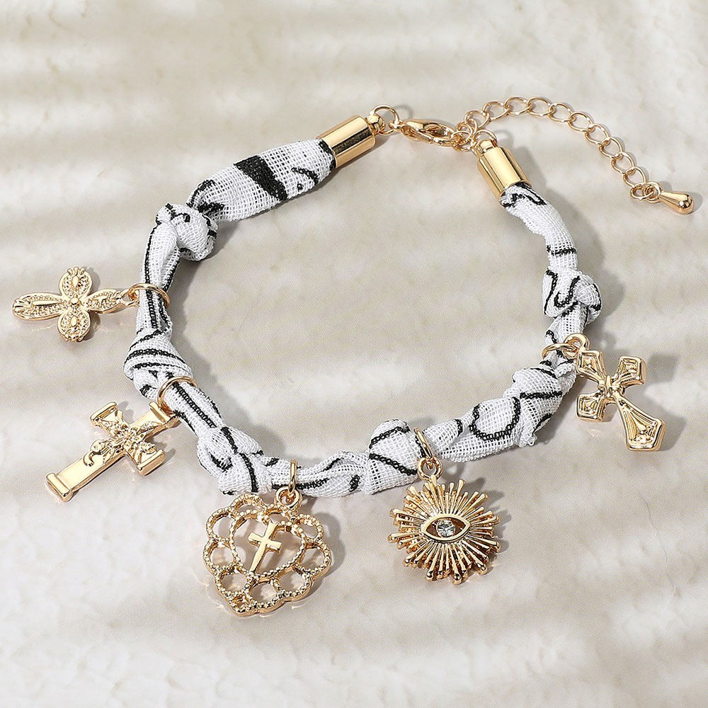 Multi Charm Religious Cross Evil Eye Fabric Knotted Rope Bracelet Gold Tone