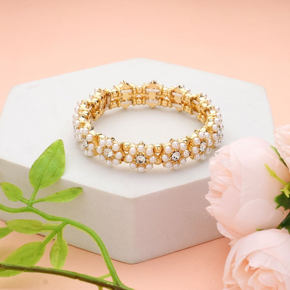 Gold Tone Flower Stretch Bracelet with Faux Pearls and Sparkling Crystals - 0.5"