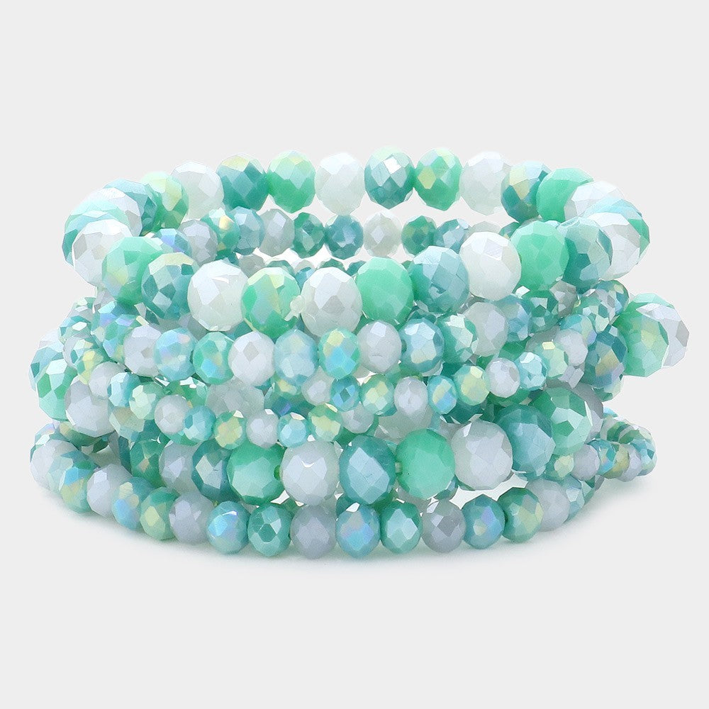 9-Piece Aqua Green & Iridescent Faceted Bead Stretch Bracelet Set for Women