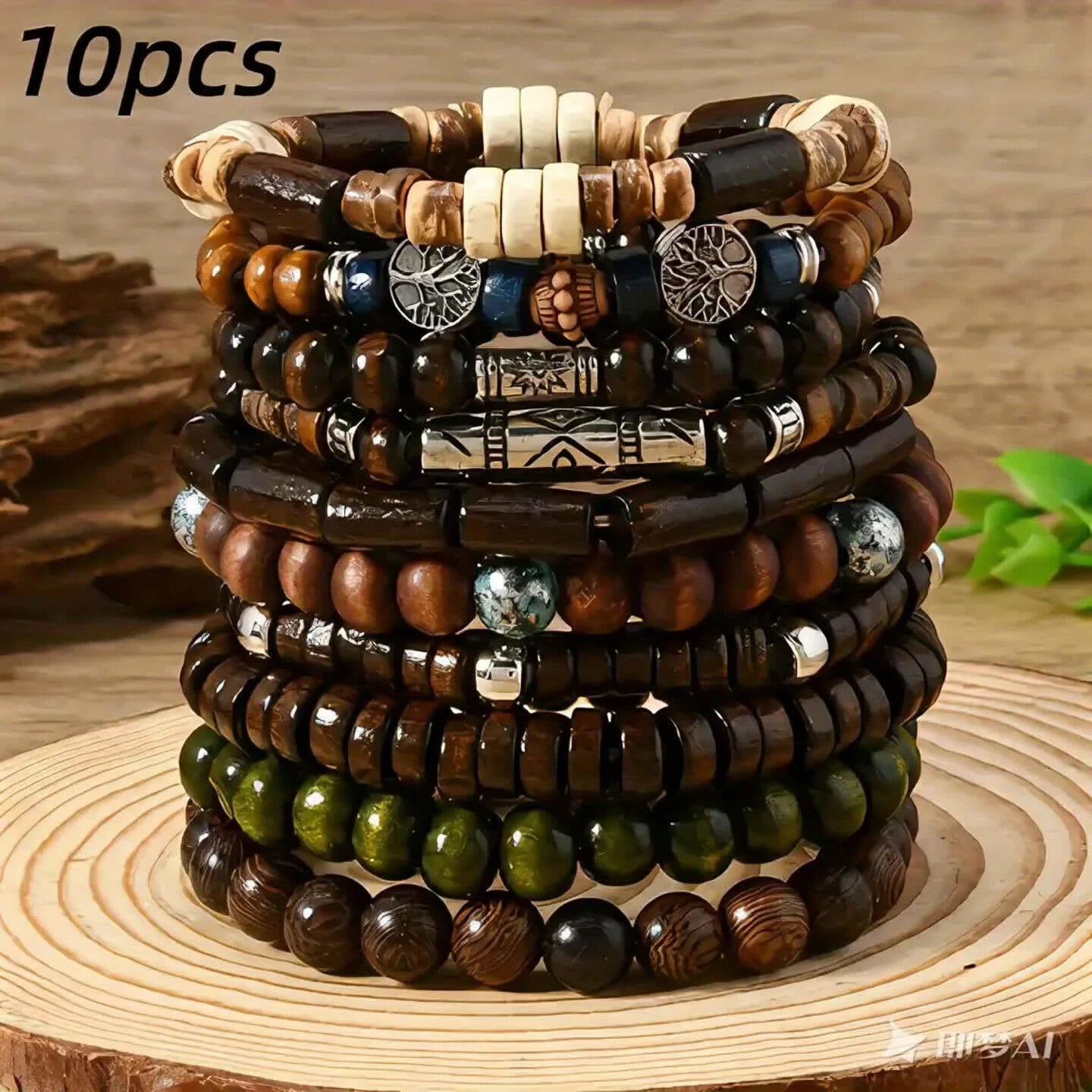 10PCS Boho Beaded Bracelets Set for Men Wooden Tree of Life Layered Jewelry