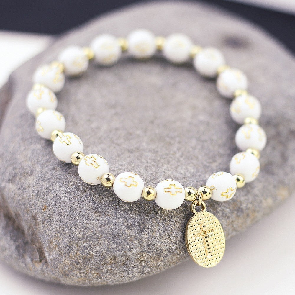2pcs Religious Cross Bead Bracelet Gold Tone Christian Prayer Jewelry Set