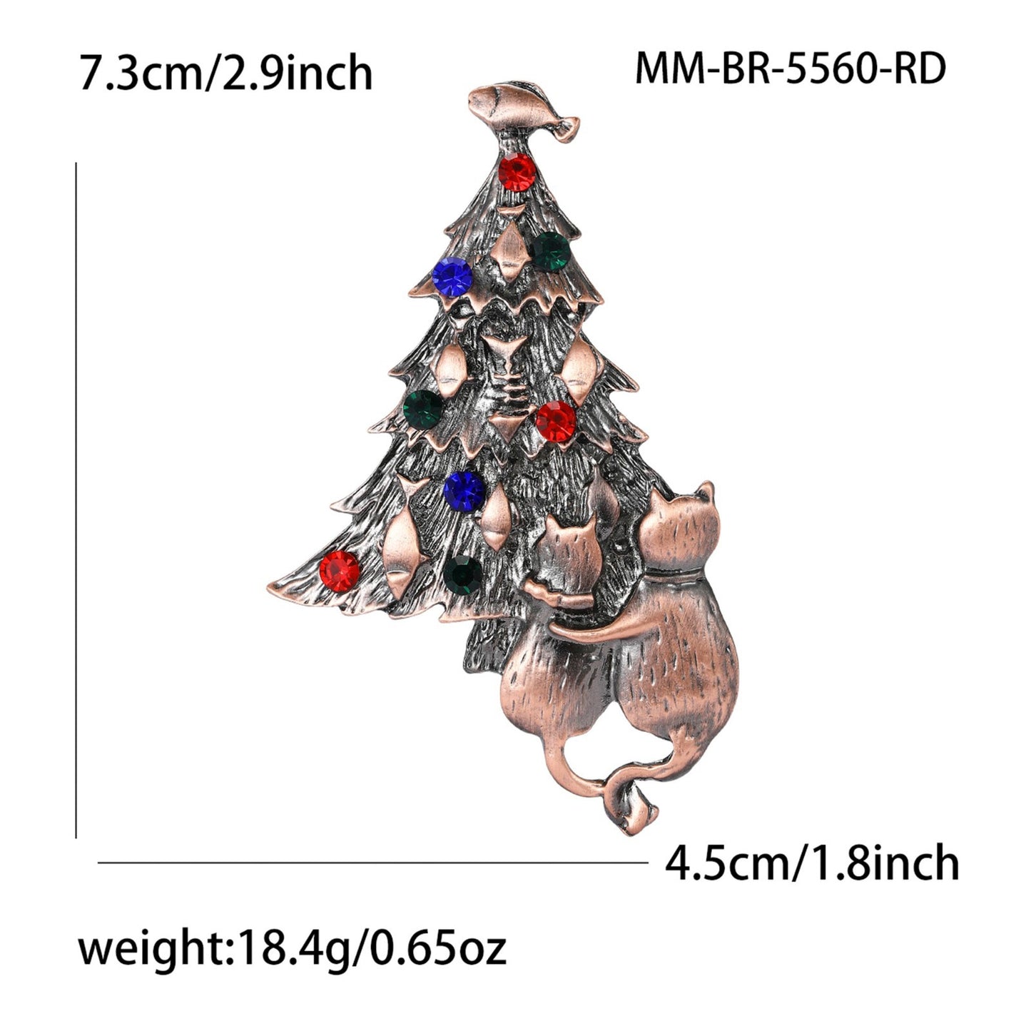 Vintage Style Cat Christmas Tree Brooch Pin Rhinestone Copper Tone Pendant Gift