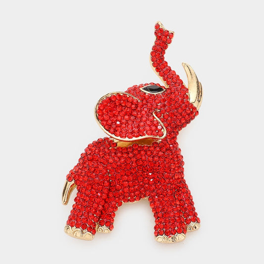 Red Rhinestone Elephant Brooch Pin Gold Tone Sparkly Animal Jewelry Gift