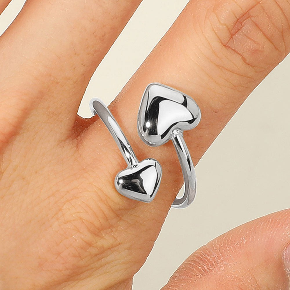 2PCS Adjustable Stainless Steel Heart Tip Rings Minimalist Open Band Jewelry