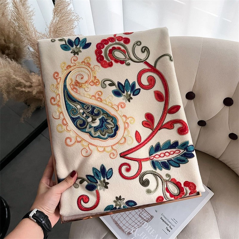 3pcs Embroidered Cashmere Pashmina Shawl Scarf Set Black Cream Red