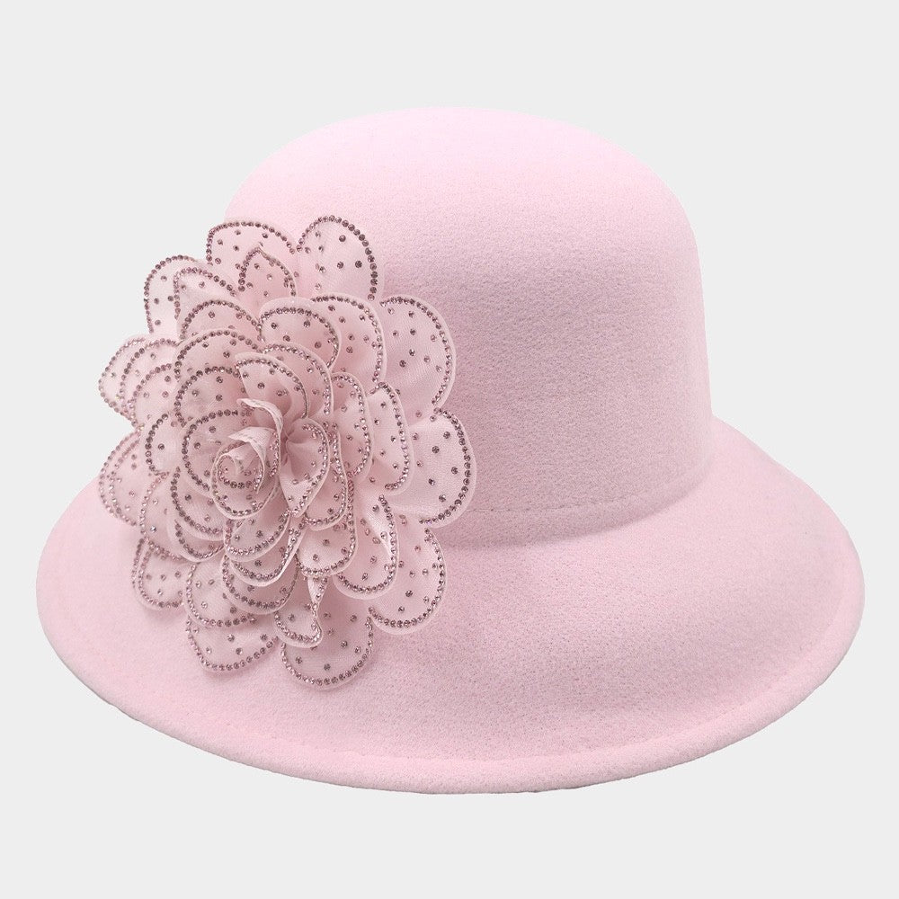 Elegant Pink Wool Felt Cloche Bucket Hat with Crystal Rhinestone Flower Accent