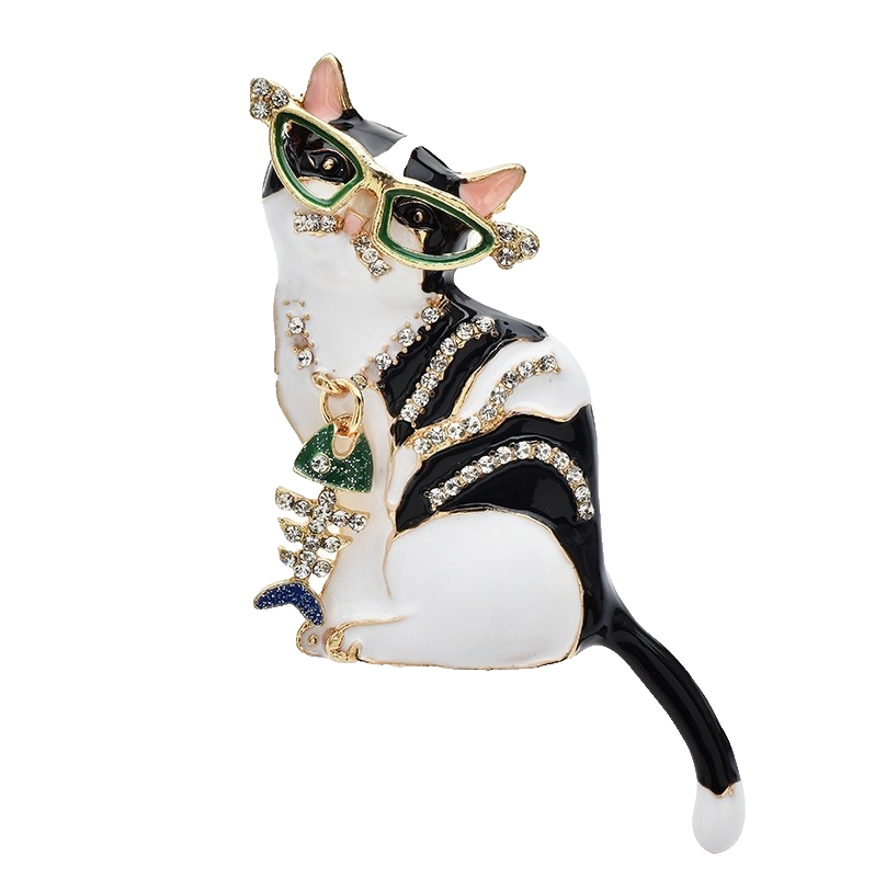 Cool Cat Rhinestone Brooch Pin Black White Stripes Green Glasses Fishbone