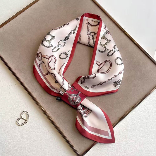 Equestrian Bit Chain Print Skinny Scarf 100% Polyester Red Border 5" X 30"
