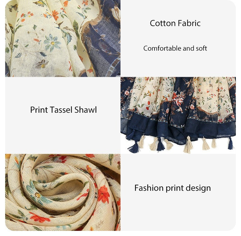 Boho Floral Print Tassel Shawl Scarf for Women Cotton Blend Wrap Navy Cream