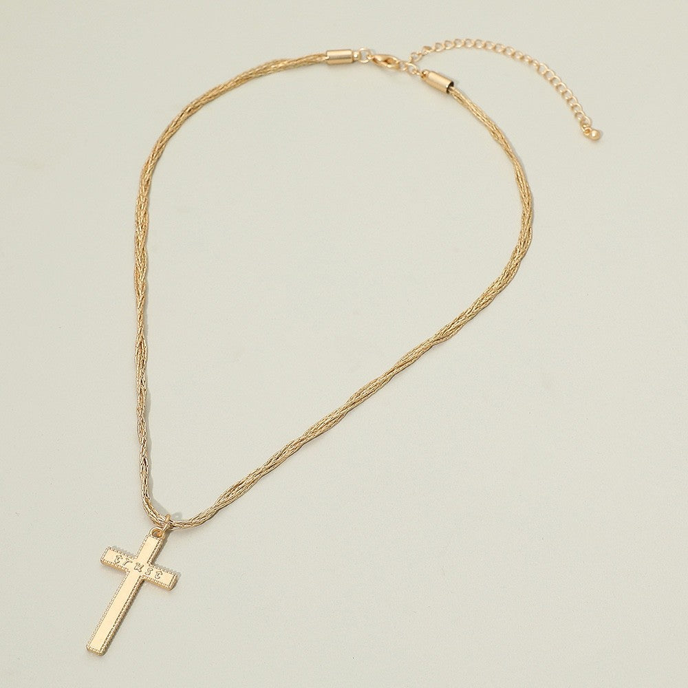 Gold Trust Engraved Cross Pendant Necklace - Braided Mesh Chain Fashion Jewelry