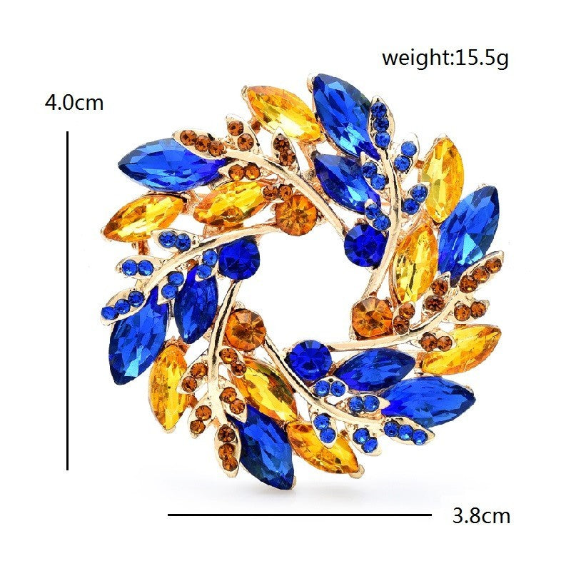 Gold Tone Rhinestone Wreath Brooch Pin Blue Yellow Crystal Round Statement Jewel