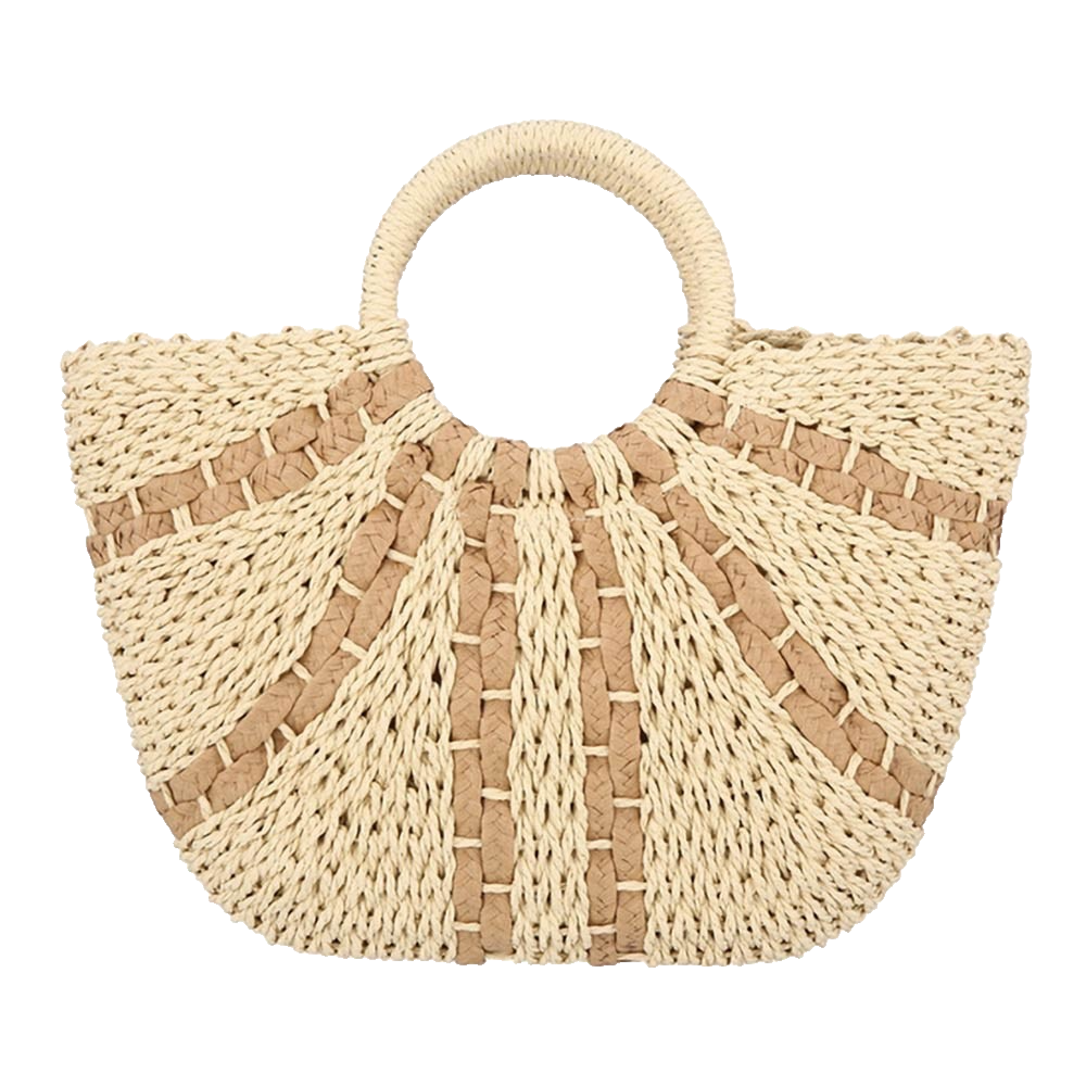 Natural Woven Straw Handbag Two-Tone Summer Beach Tote Boho Top Handle Purse