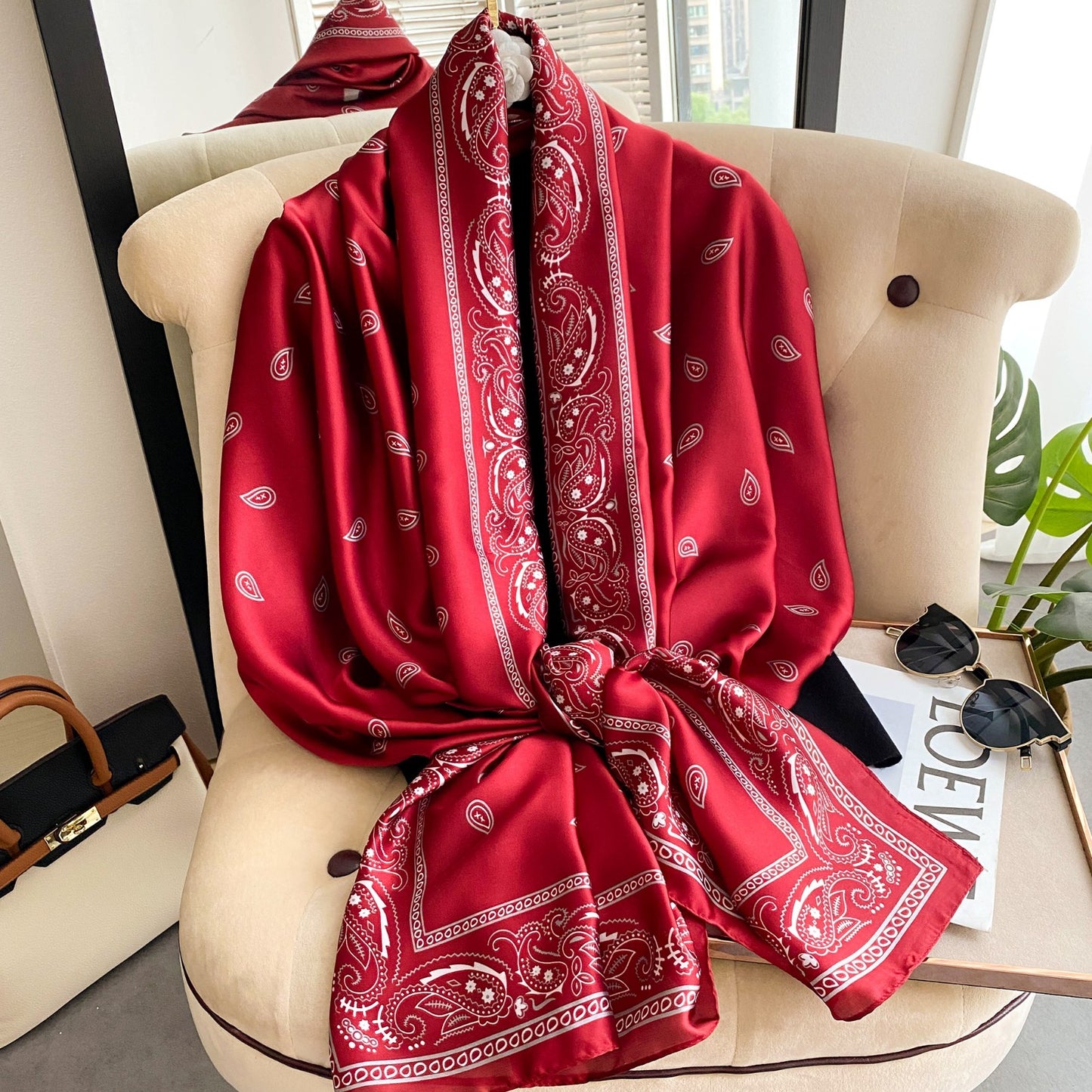 Luxury Red Paisley Bandana Scarf Silk-Feel Large Square Satin Wrap Cowboy Print
