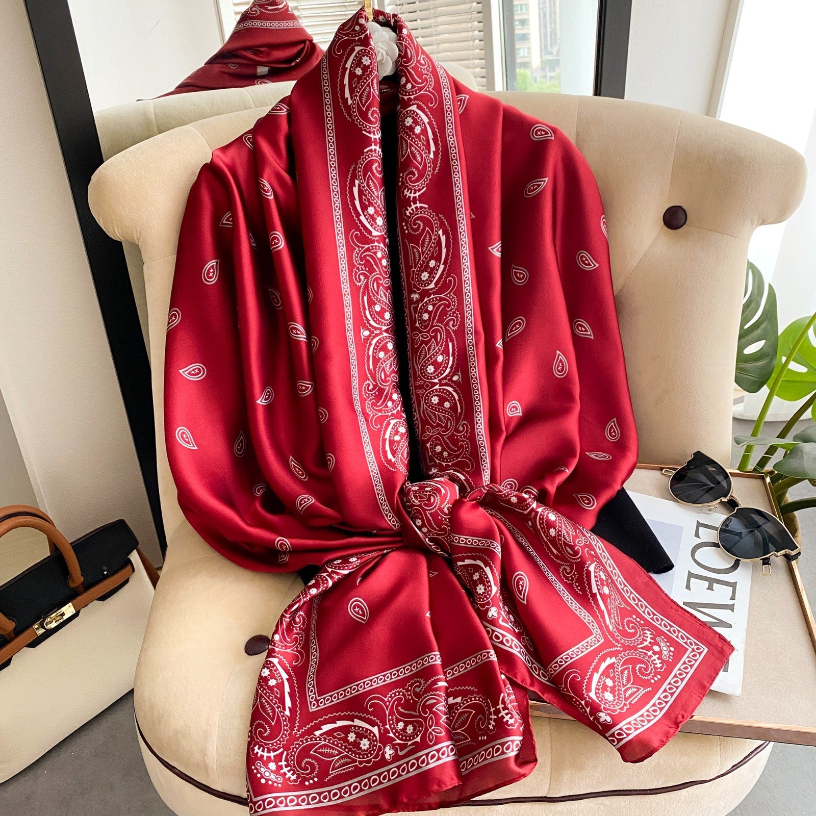 Luxury Red Paisley Bandana Scarf Silk-Feel Large Square Satin Wrap Cowboy Print
