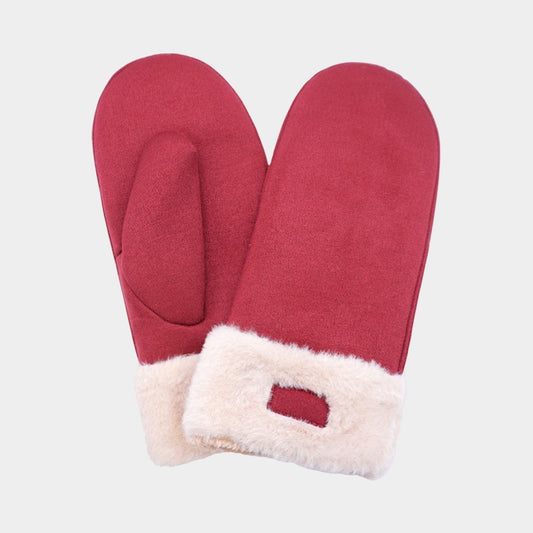 Women's Faux Fur Cuff Fleece Lined Mittens One Size Burgundy 100% Polyester