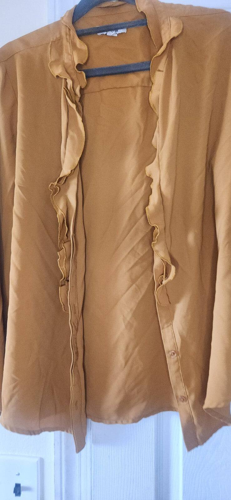 BAR III Mustard Ruffle Front Button Blouse Women’s Long Sleeve Chic Work Top