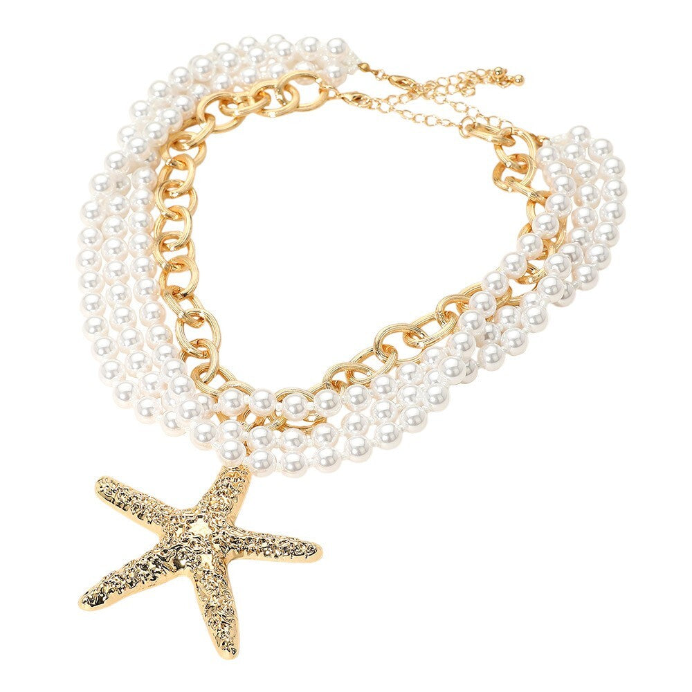 Layered Starfish Pendant and Pearl Beaded Necklace for Women