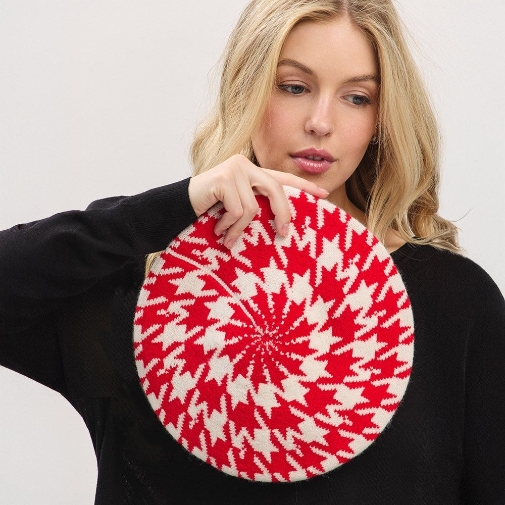 Classic Houndstooth Knit Beret Hat Women’s Winter Warm Stylish One Size