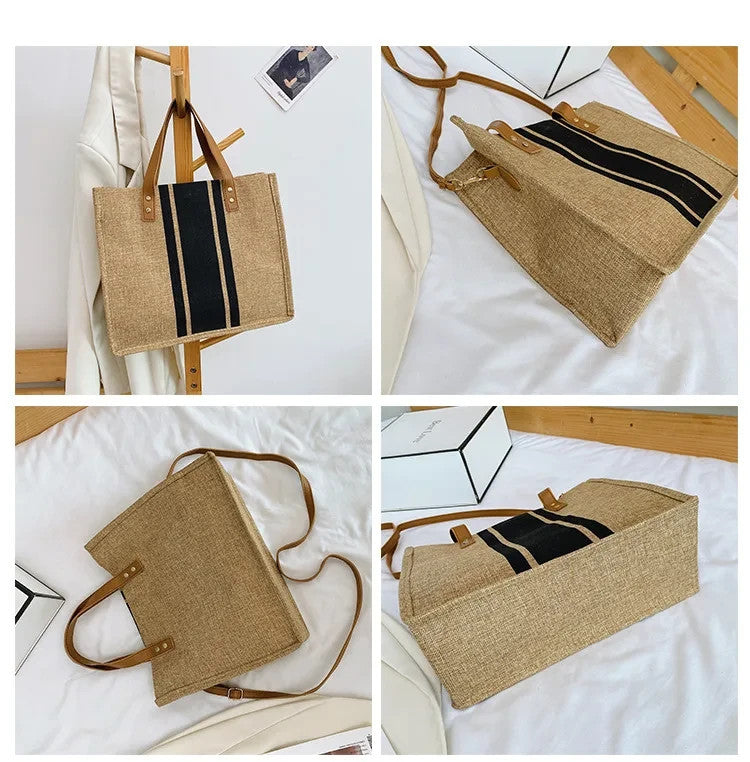 Canvas Stripe Bucket Handbag for Women Large Capacity Casual Tote Shoulder Cross