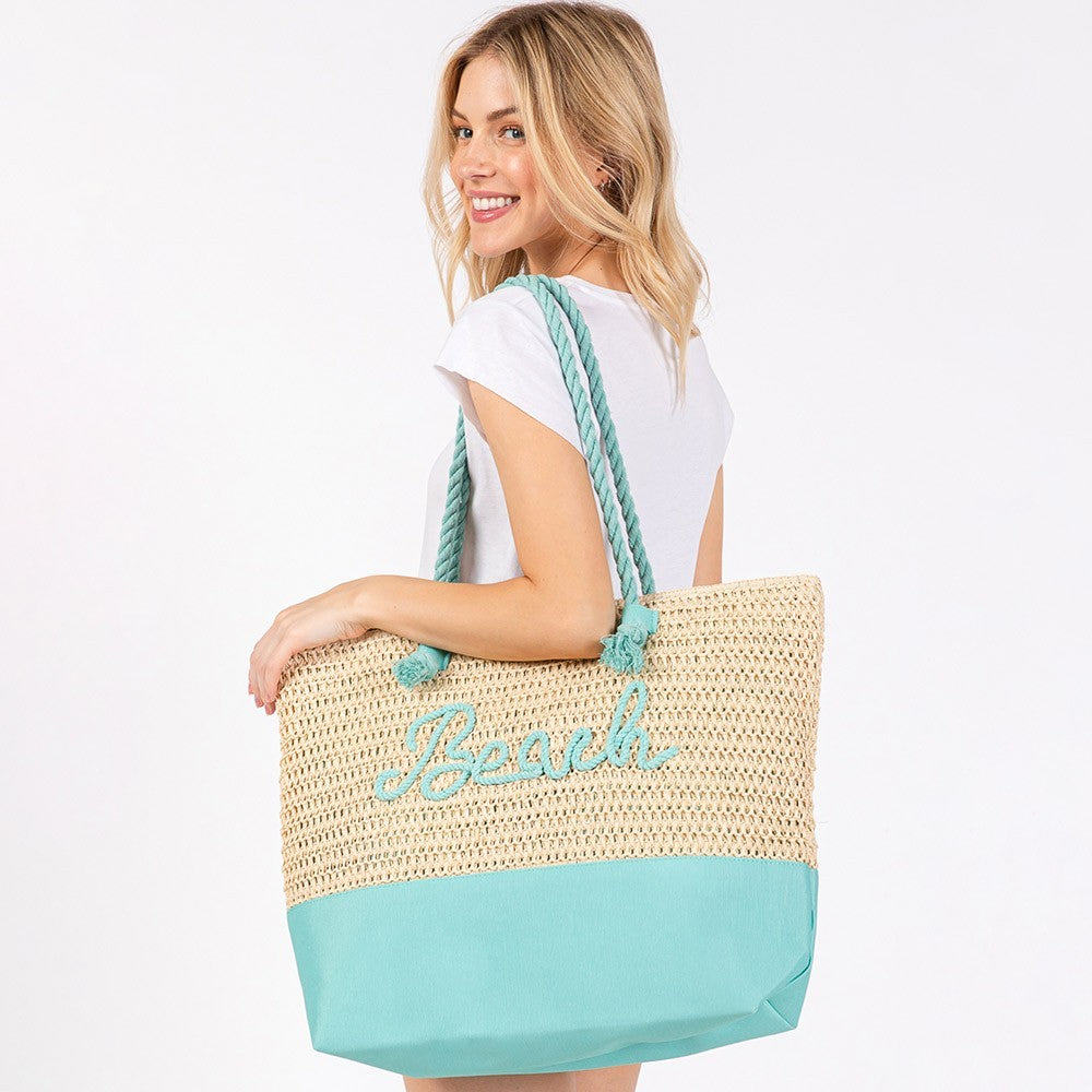 BEACH Embroidered Crochet Tote Bag with Rope Handles Summer Beach Bag Blue