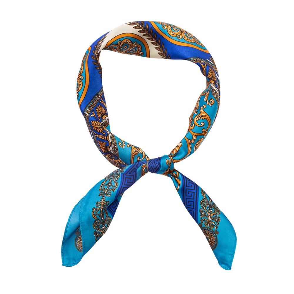 Blue Gold Baroque Silk Like Scarf Square Neck Head Scarf Bandana Handbag Wr