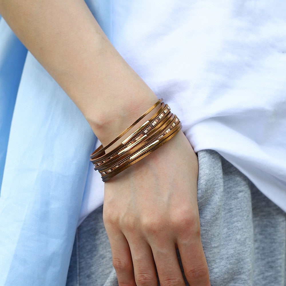 2PC Leopard Print & White Faux Fur Leather Cuff Bracelet Set w/ Magnetic Clasp