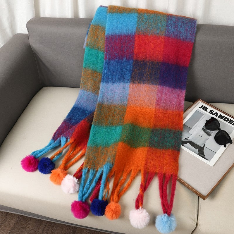 Vibrant Plaid Pom Pom Tassel Scarf Oversized Fuzzy Fluffy Shawl Wrap