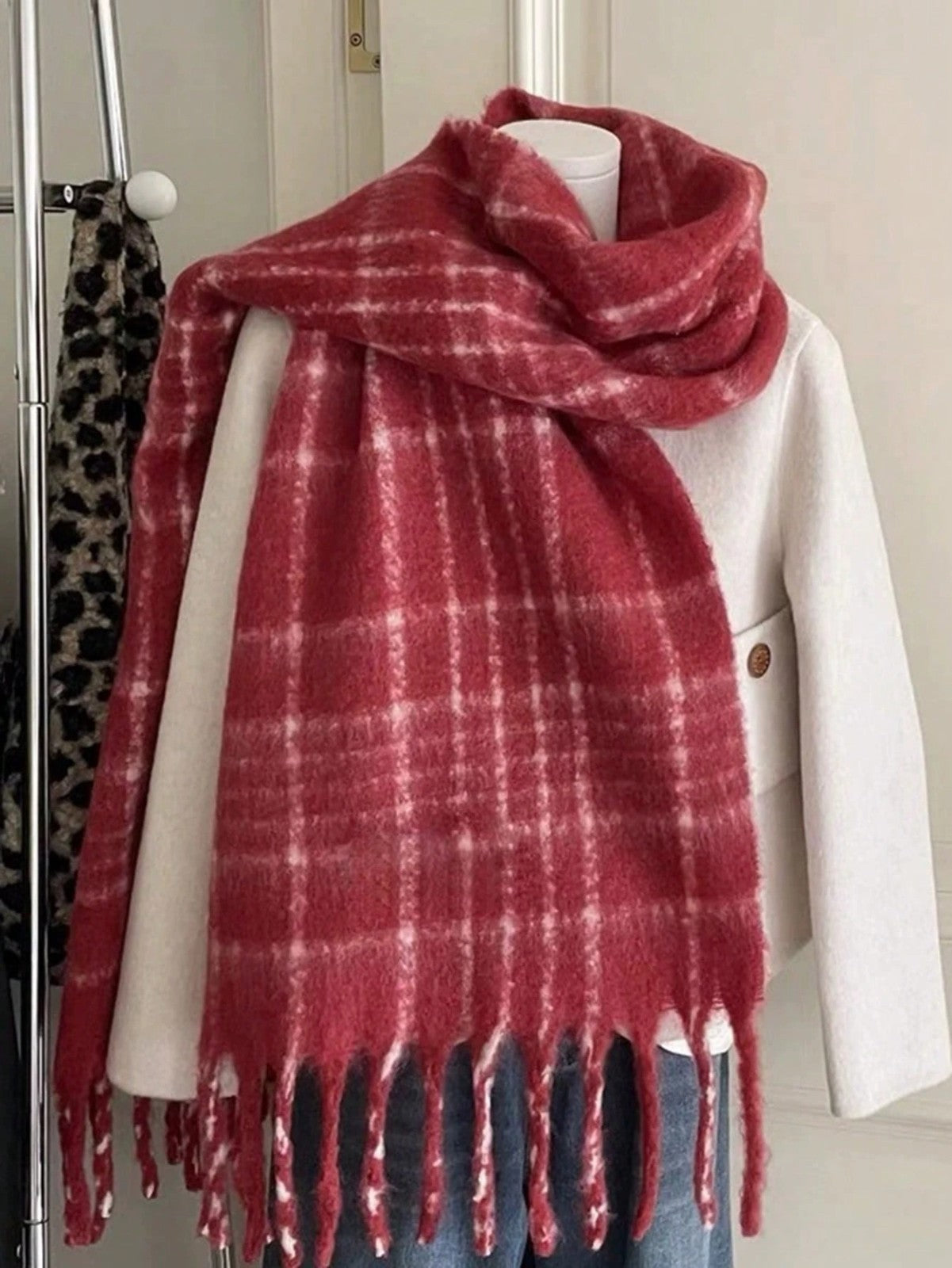 Chunky Plaid Scarf Red White Checkered Oversized Tassel Blanket Wrap Shawl