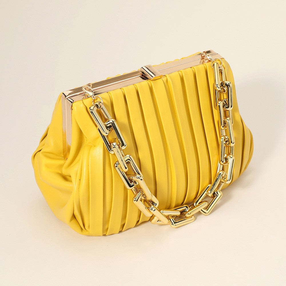 Pleated Satin Clutch Bag Pink Gold Chain Purse for Women Elegant Evening Handbag