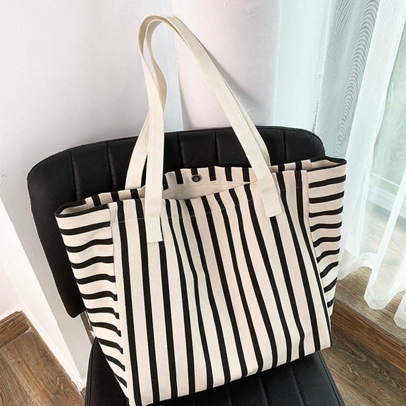 Large Canvas Tote Bag Striped Black White Shoulder Handbag Cotton Beach Shopper