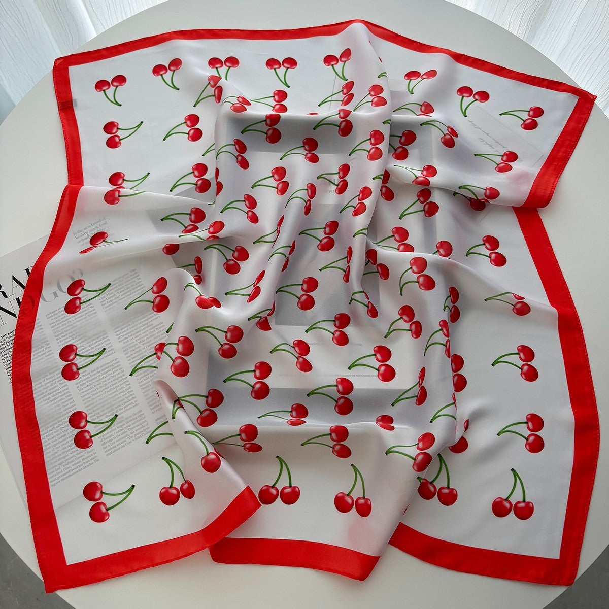 2pcs Women Cherry Print Square Scarf Silk Feel Hair Neck Head Wrap 27.5in