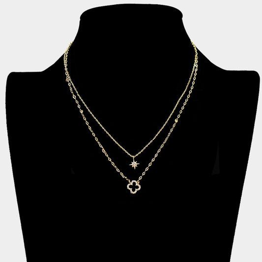 Gold Double Layered Necklace with North Star & Quatrefoil Rhinestone Pendant
