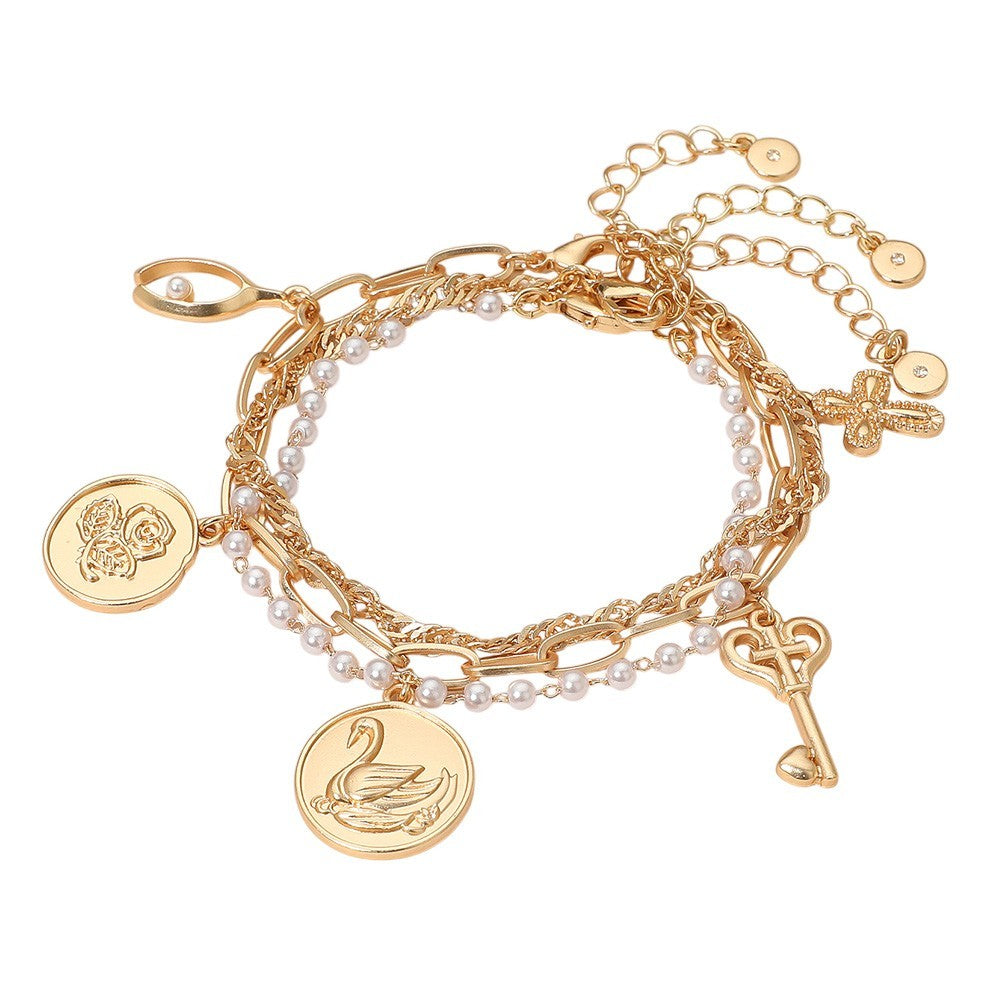 3pcs Gold Layered Charm Bracelet Set Swan Rose Key Cross Faux Pearl Gift Set