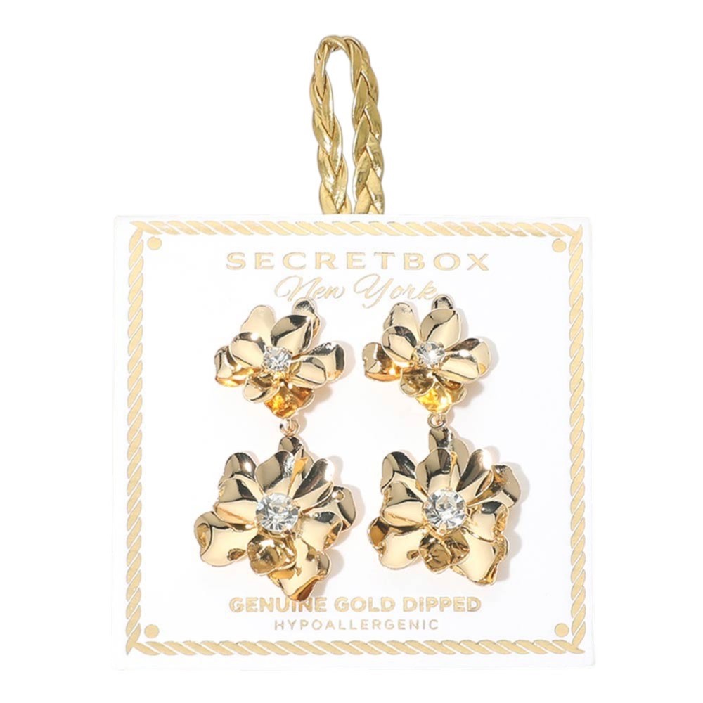 Gold Dipped Floral Crystal Statement Dangle Drop Earrings