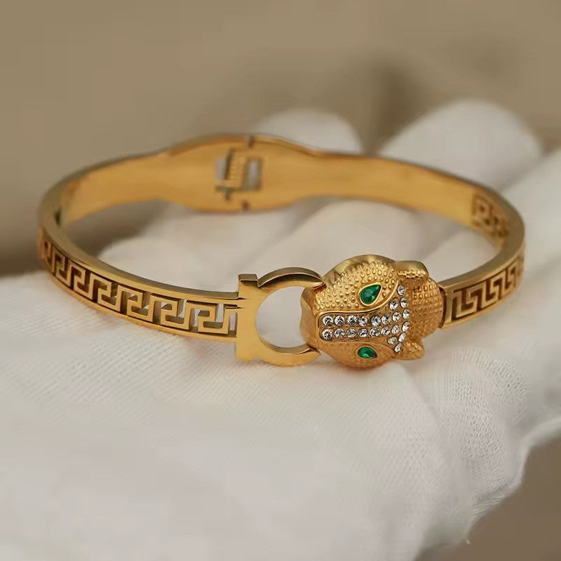 18K Gold Plated Panther Head Bangle with Green Eyes & Crystal Accents