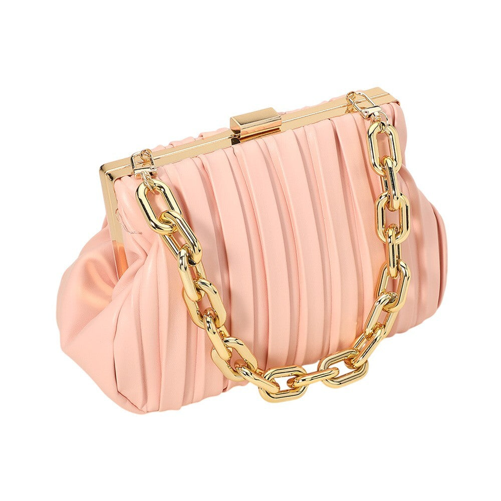 Pleated Satin Clutch Bag Pink Gold Chain Purse for Women Elegant Evening Handbag