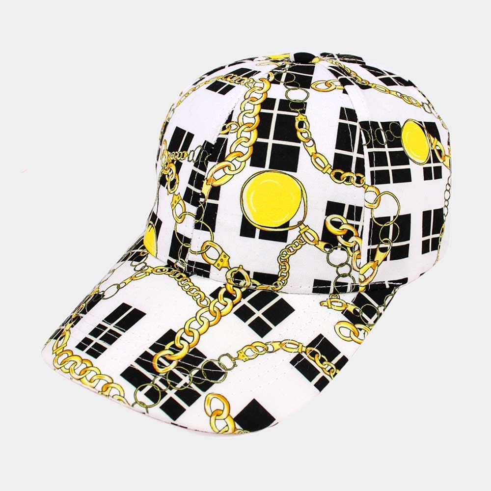 Unisex Chain Print Baseball Cap Size 23" White Black 100% Polyester Adjustable