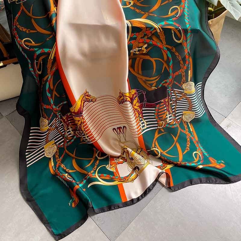 Equestrian Chain Print Oblong Scarf Wrap 71x35 Silk Feel Baroque Vintage Style