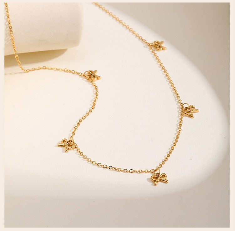 Women’s Bow Charm Necklace Stainless Steel Thin Chain Choker Jewelry Gold Tone