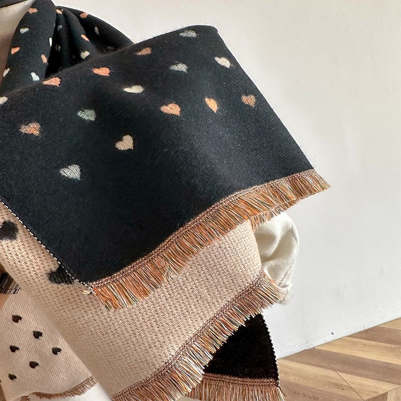Reversible Black Beige Heart Print Blanket Scarf Wrap Shawl Winter Cashmere Feel