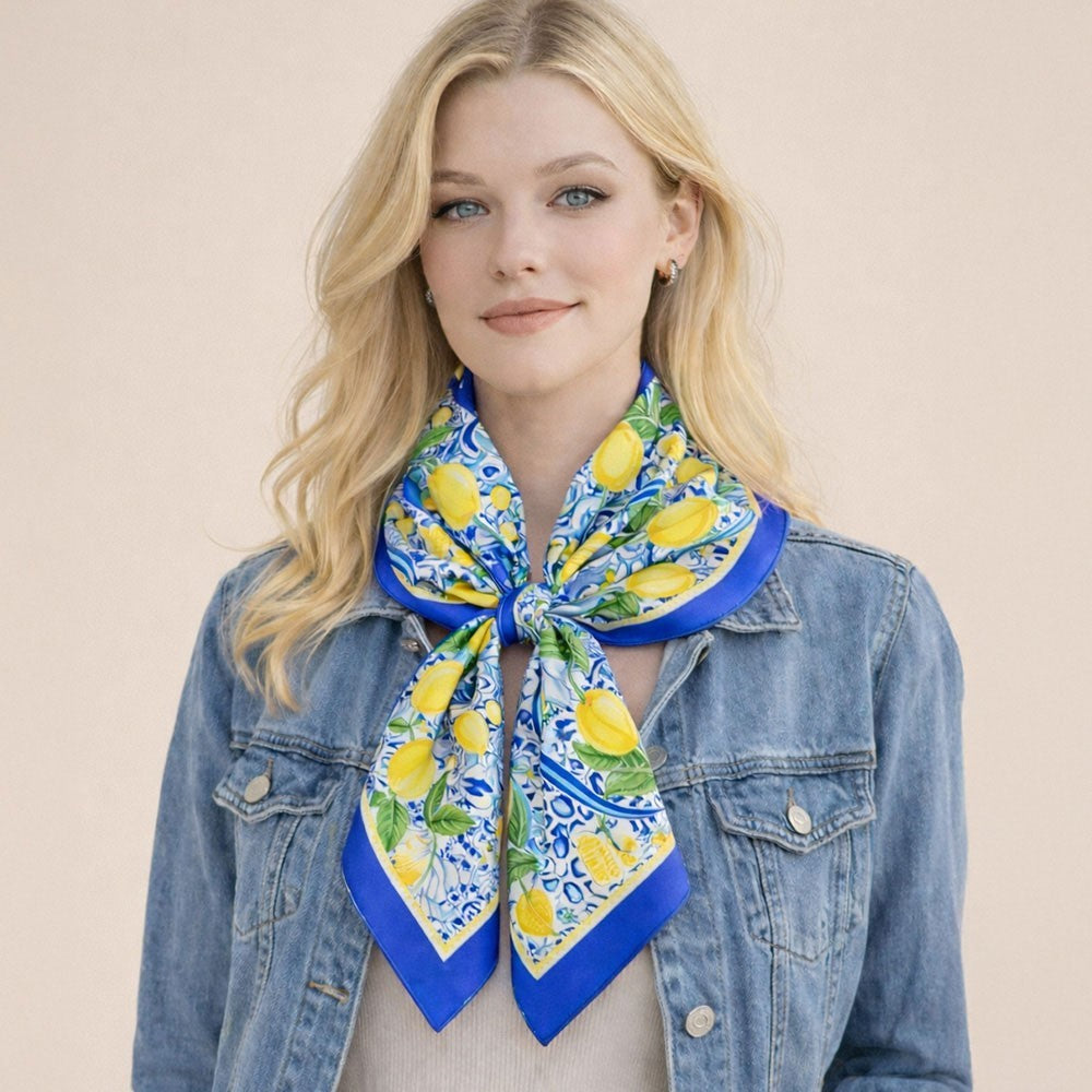 Mediterranean Lemon Tile Print Silk Feel Square Bandana Scarf Blue Yellow 27.6in