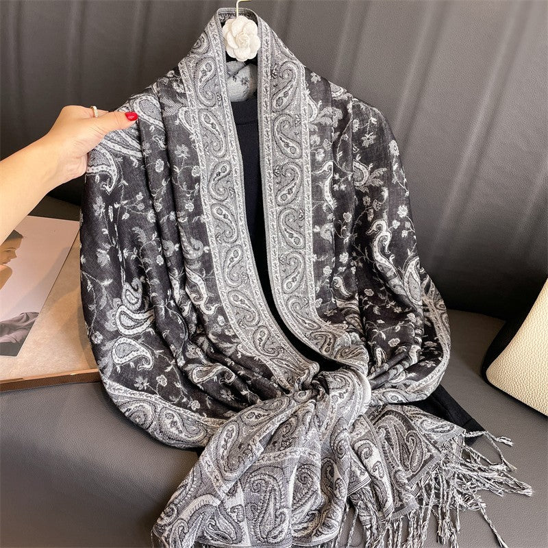 28X35 inch Thick Paisley Print Pashmina Scarf for Women Tassel Shawl Wrap Gray