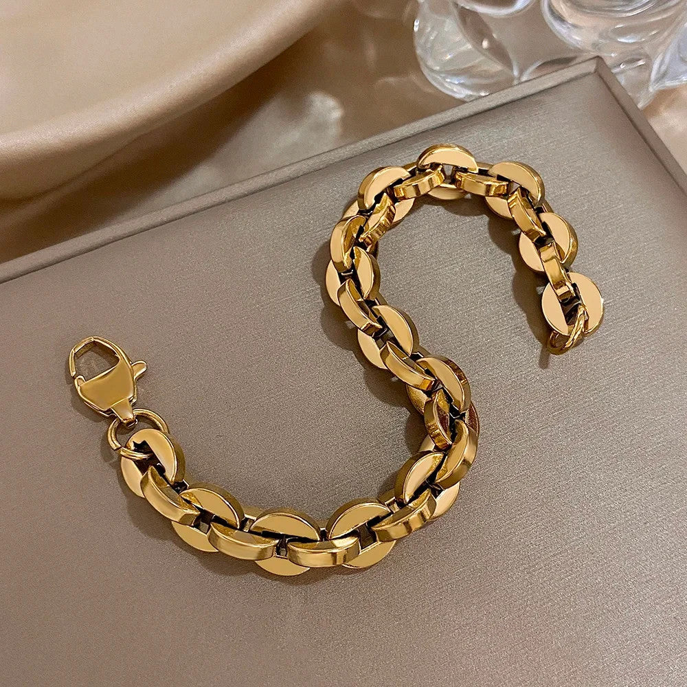Chunky Stainless Steel Gold Plated Cuban Chain Bracelet Thick Link Jewelry